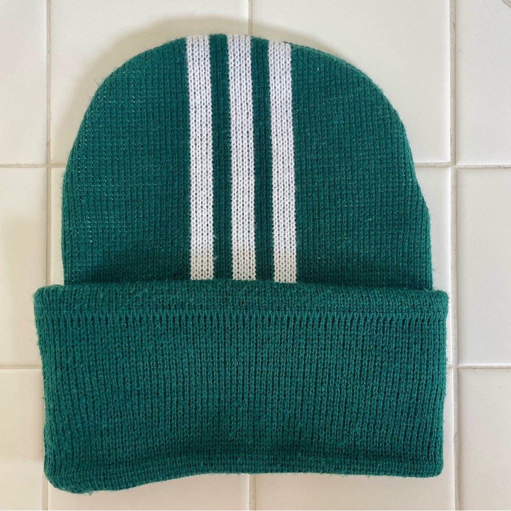 VTG ADIDAS 3 Stripes Green Cuffed Folded Adult Unisex One Size Beanie Hat Cap - Picture 2 of 5
